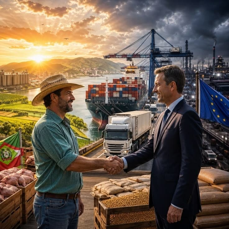A farmer and a buyer shaking hands at a busy trade port