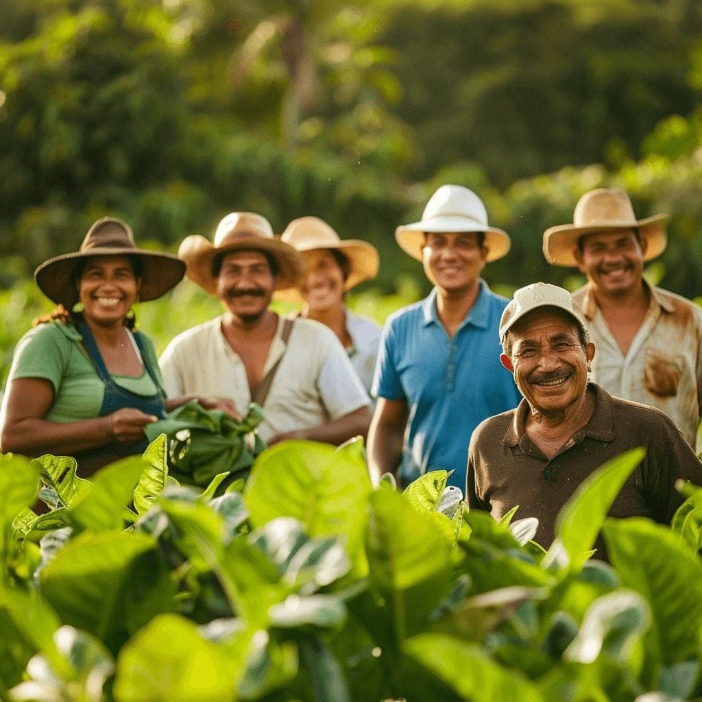 Smiling farmers standing together in a lush green field