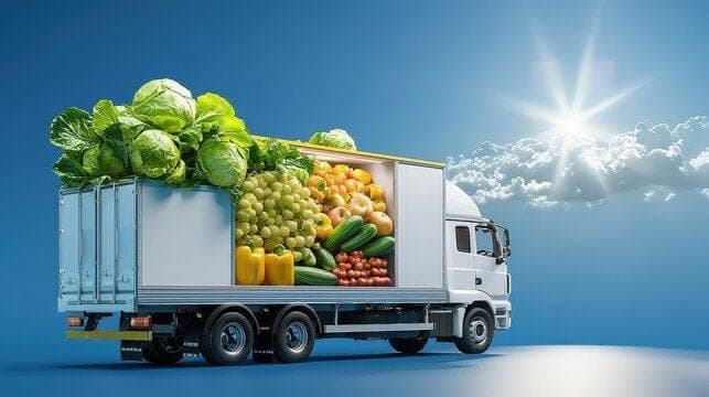 A refrigerated delivery truck loaded with fresh produce